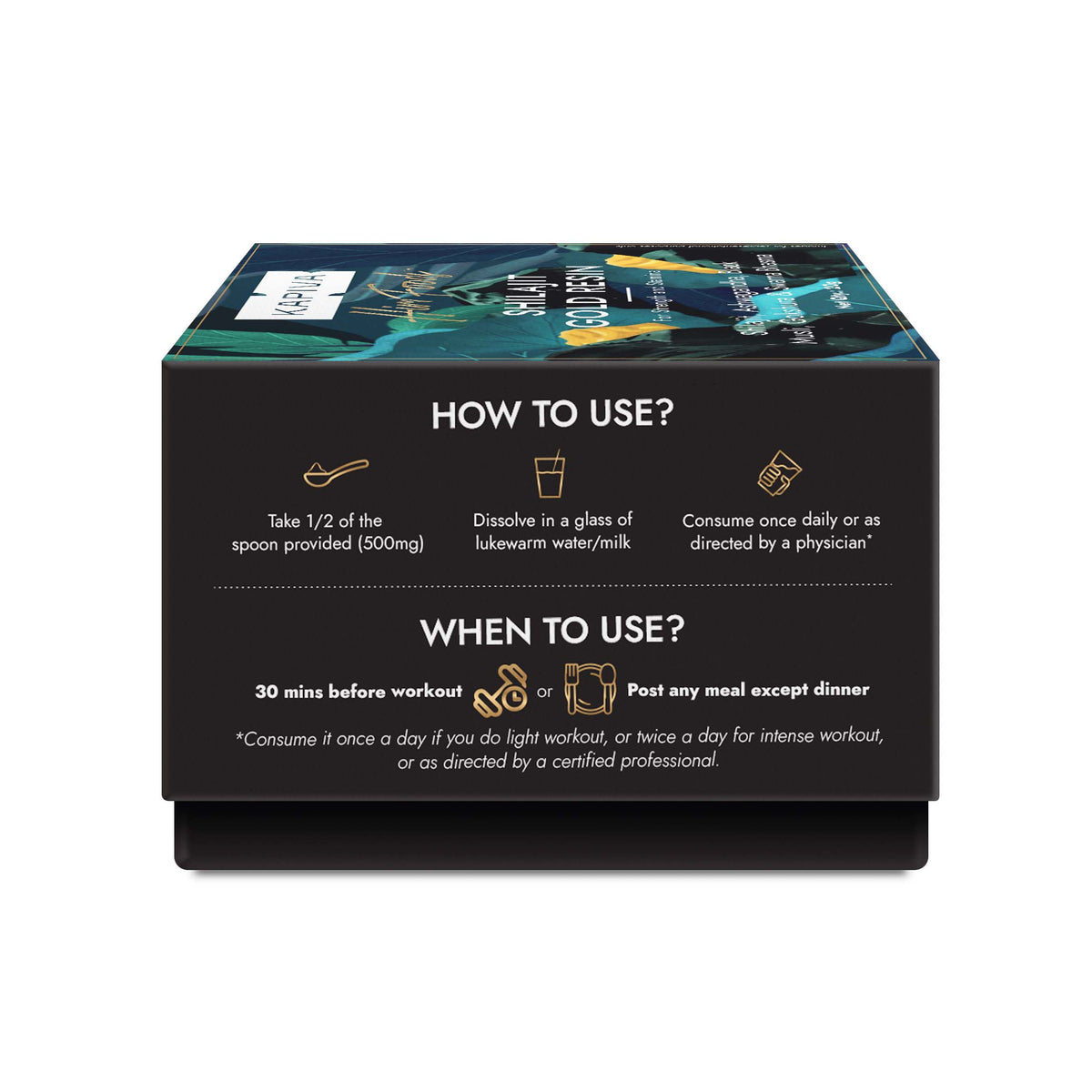 Kapiva Shilajit Gold Resin box with usage instructions, 500mg dose in water or milk, 30 mins before workout