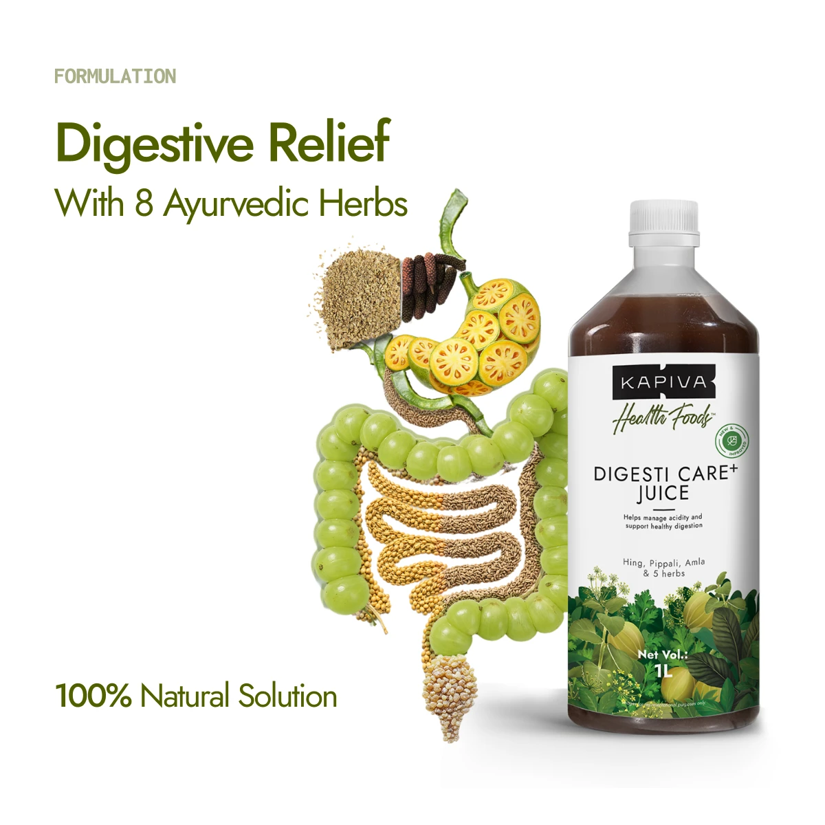 Kapiva Digesti Care Plus Juice 1L bottle with digestive system illustration showing 8 organic herbs formulation