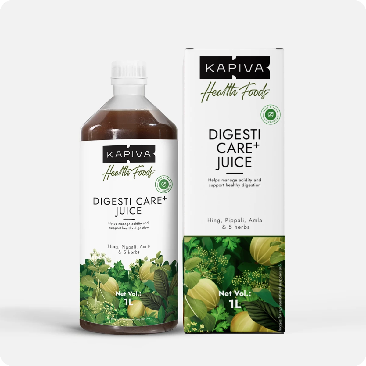 Kapiva Digesti Care Plus Juice 1L bottle with box on grey background, hing pippali amla organic formula