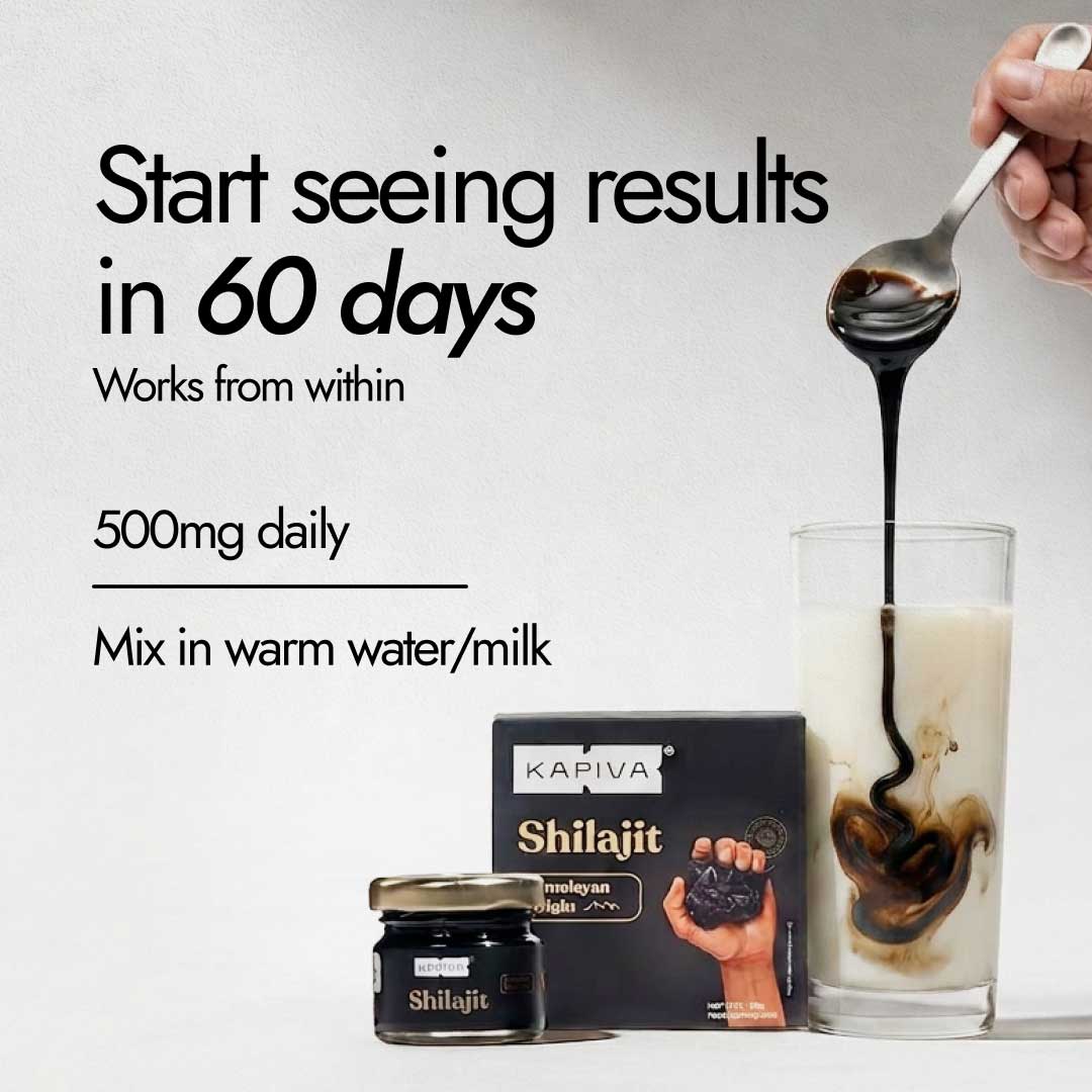 Kapiva Shilajit resin 500mg daily dose mixed in warm milk, visible results in 60 days