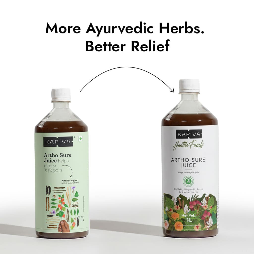 Kapiva Artho Sure Juice old and new packaging comparison showing upgraded 12-herb formula for better joint relief