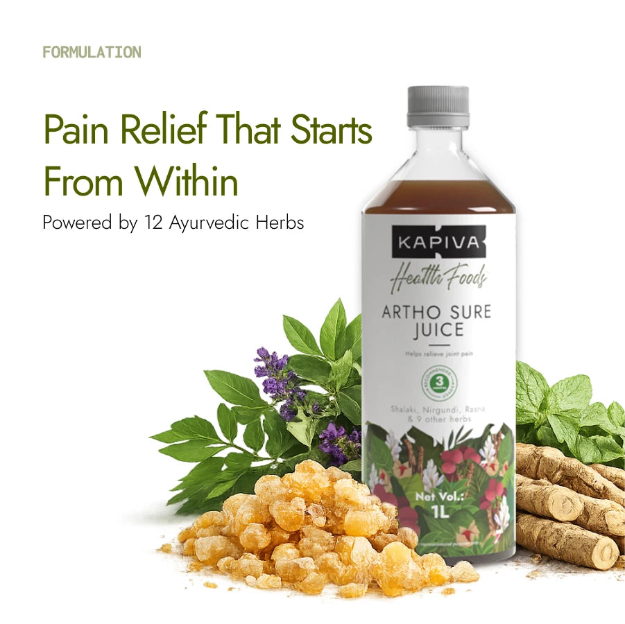 Kapiva Artho Sure Juice 1L bottle with shallaki and ashwagandha herbs, organic joint pain relief formula