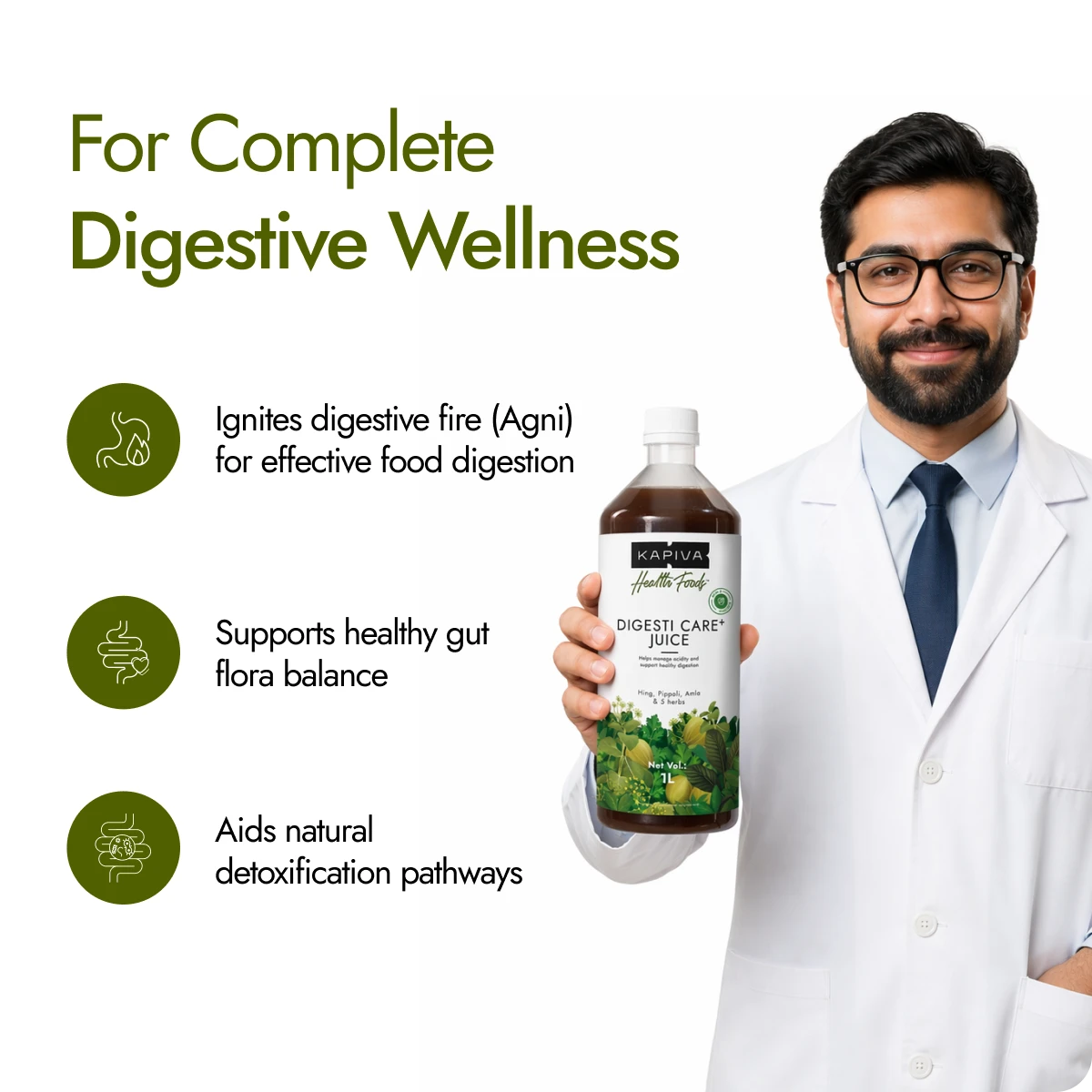 Doctor holding Kapiva Digesti Care Plus Juice 1L bottle showing benefits for gut flora and digestive wellness