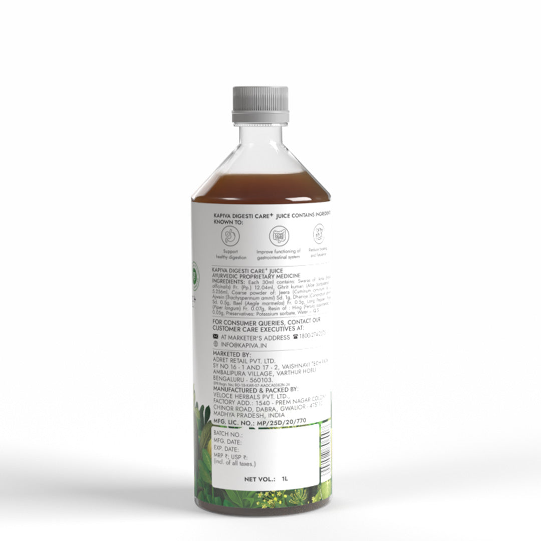 Kapiva Digesti Care Plus Juice 1L bottle back label showing organic ingredient list and manufacturer details