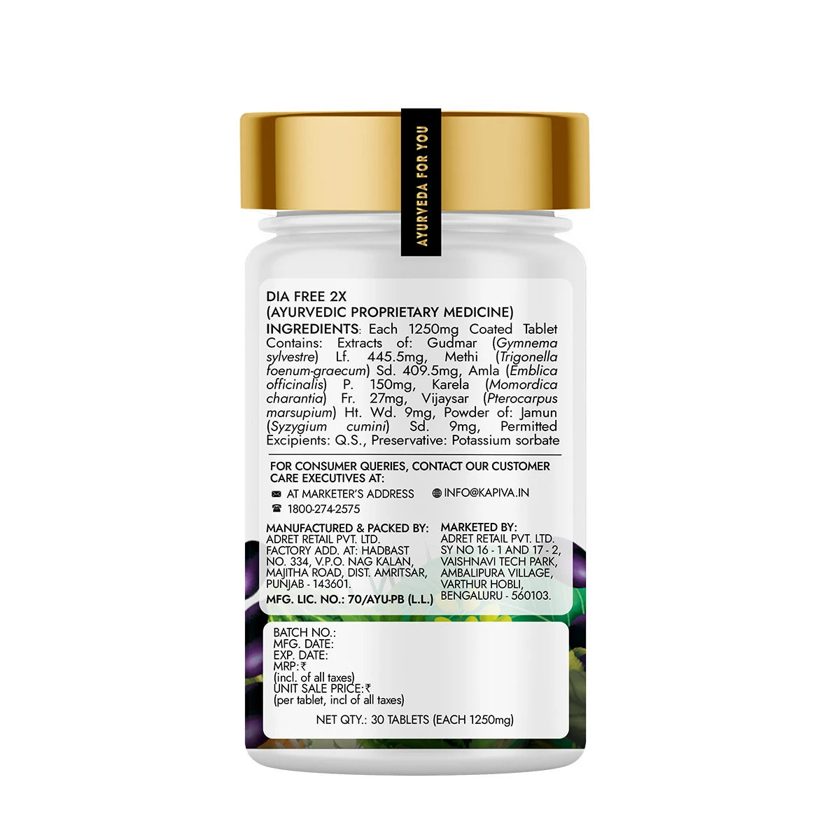 Kapiva Dia Free 2X Tablets 30 count bottle back label with 1250mg ingredients, Gudmar, Methi, Amla, Karela and Vijaysar