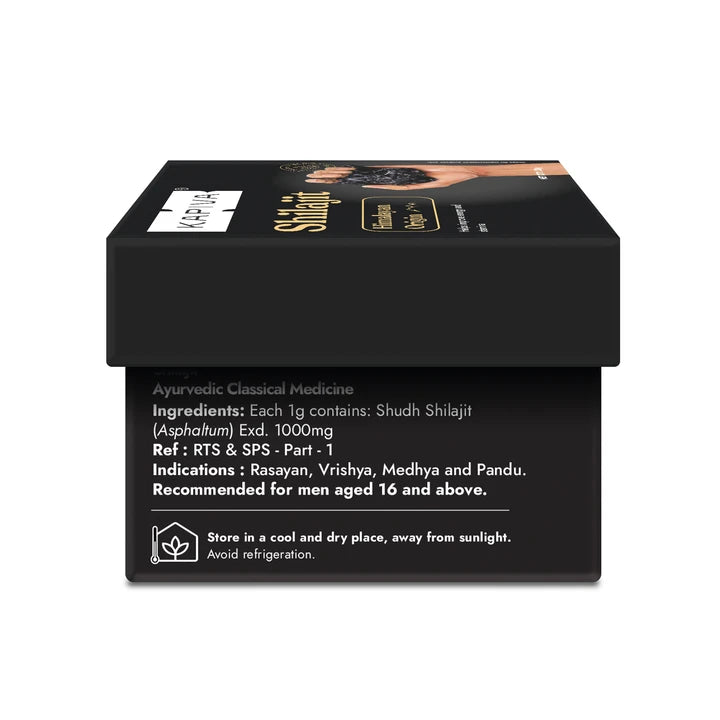 Kapiva Shilajit packaging back view showing Shudh Shilajit 1000mg ingredients, indications and storage details