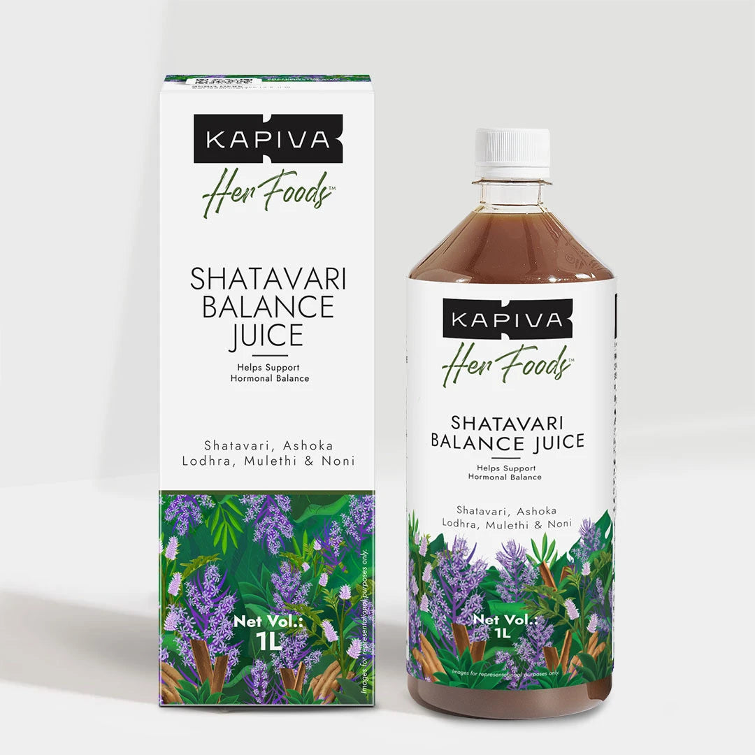Kapiva Her Foods Shatavari Balance Juice 1L bottle and carton with Shatavari, Ashoka, Lodhra, Mulethi and Noni