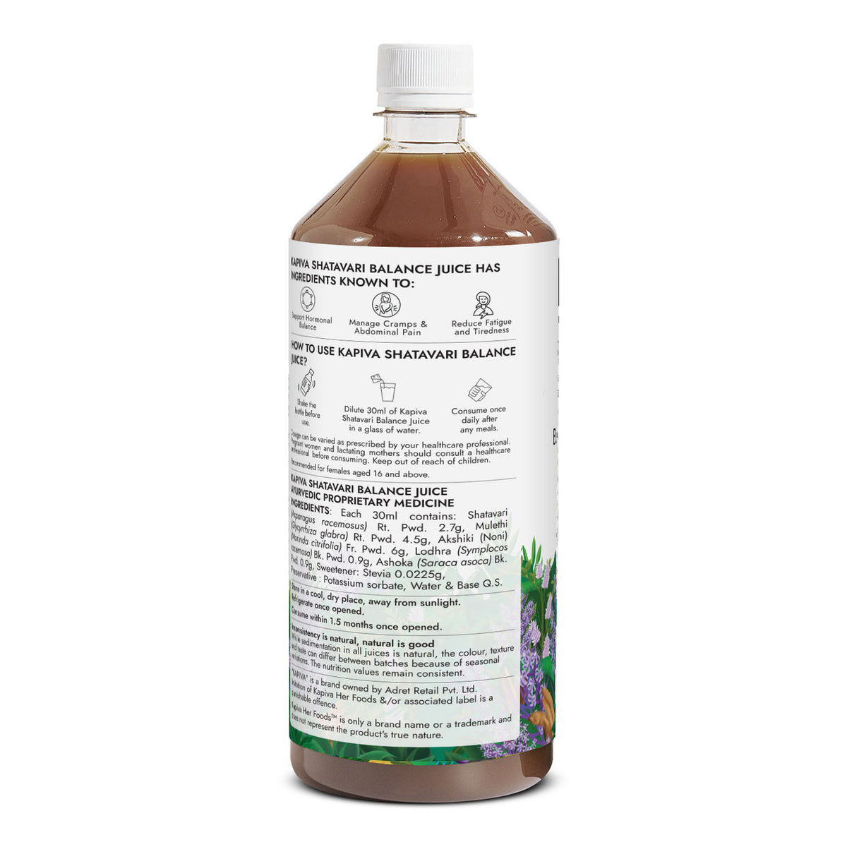 Kapiva Shatavari Balance Juice 1L bottle back label with benefits, usage, ingredients and storage instructions