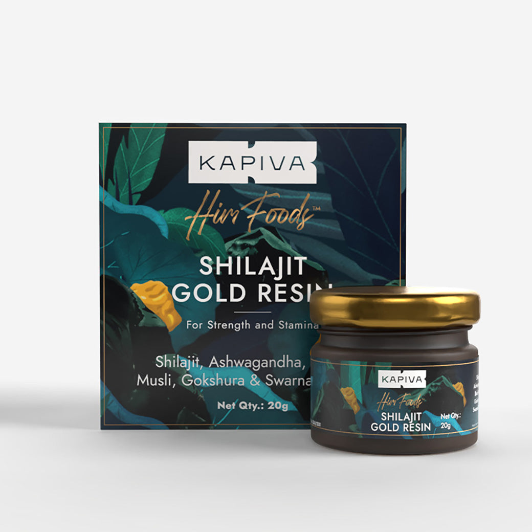 Kapiva Him Foods Shilajit Gold Resin 20g jar and box with Ashwagandha, Musli, Gokshura and Swarna Bhasma