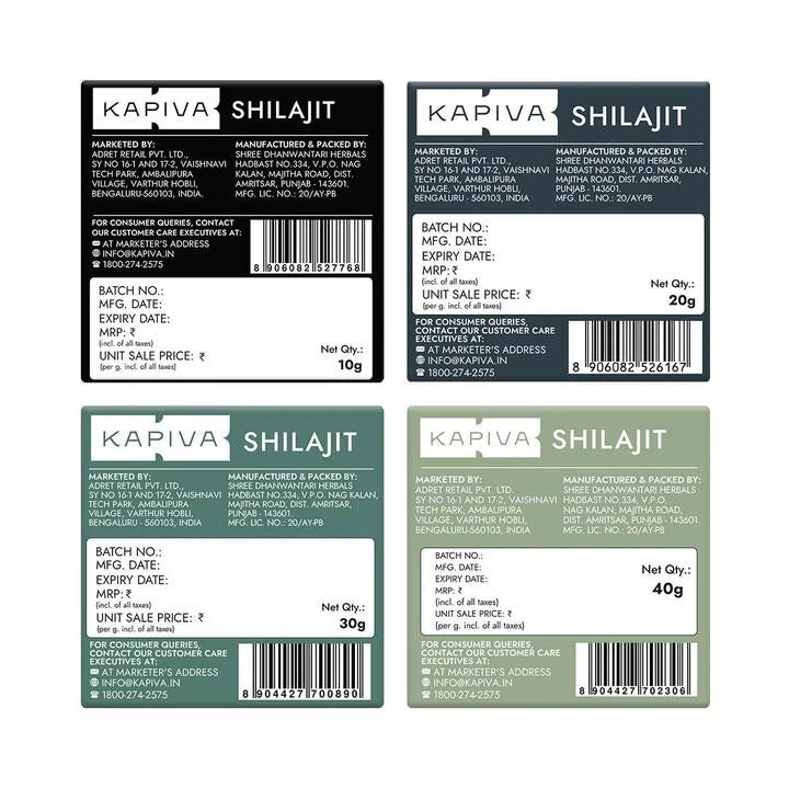 Kapiva Shilajit resin available in 10g 20g 30g and 40g variants with manufacturer and batch details