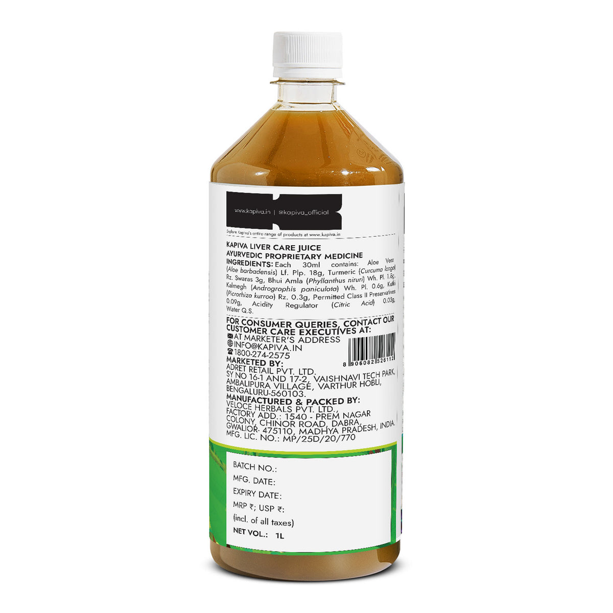 Kapiva Liver Care Juice 1L bottle back label with Aloe Vera, Turmeric, Bhui Amla, Kalmegh, Kutki ingredients list