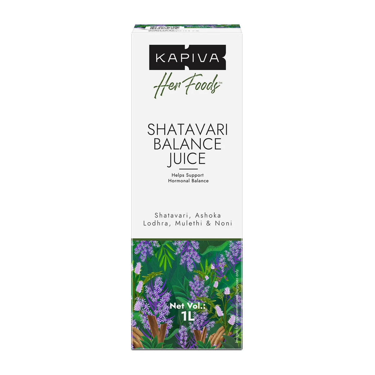 Kapiva Her Foods Shatavari Balance Juice 1L carton front with Shatavari, Ashoka, Lodhra, Mulethi and Noni, 24% off
