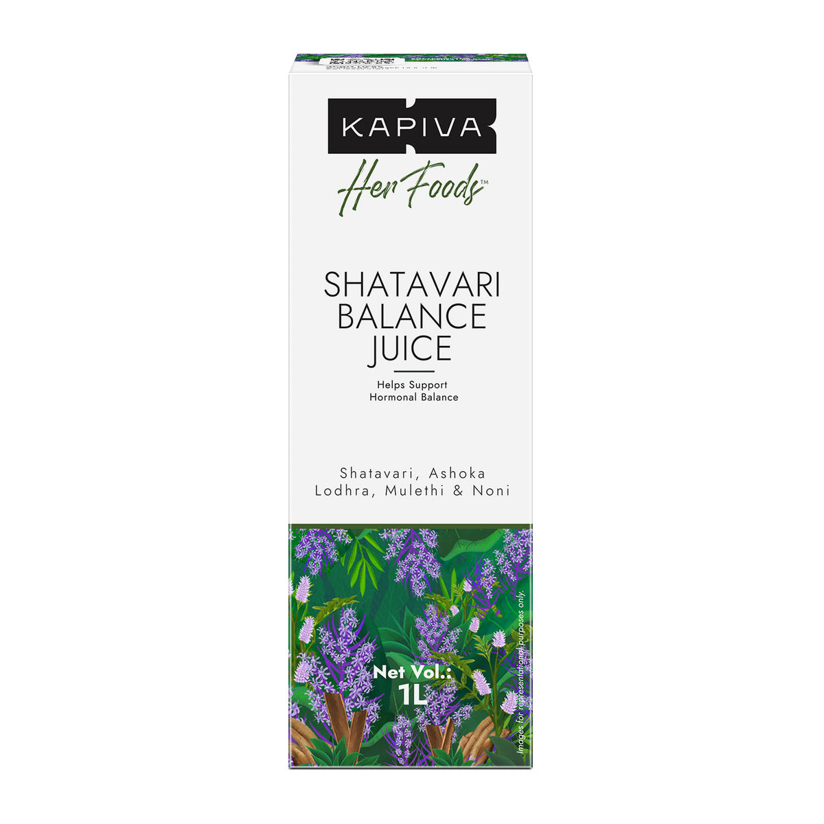 Kapiva Her Foods Shatavari Balance Juice 1L carton front with Shatavari, Ashoka, Lodhra, Mulethi and Noni, 24% off