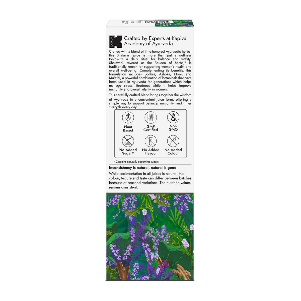 Kapiva Shatavari Balance Juice carton side with expert formulation, plant based, GMP certified, non-GMO, no added sugar