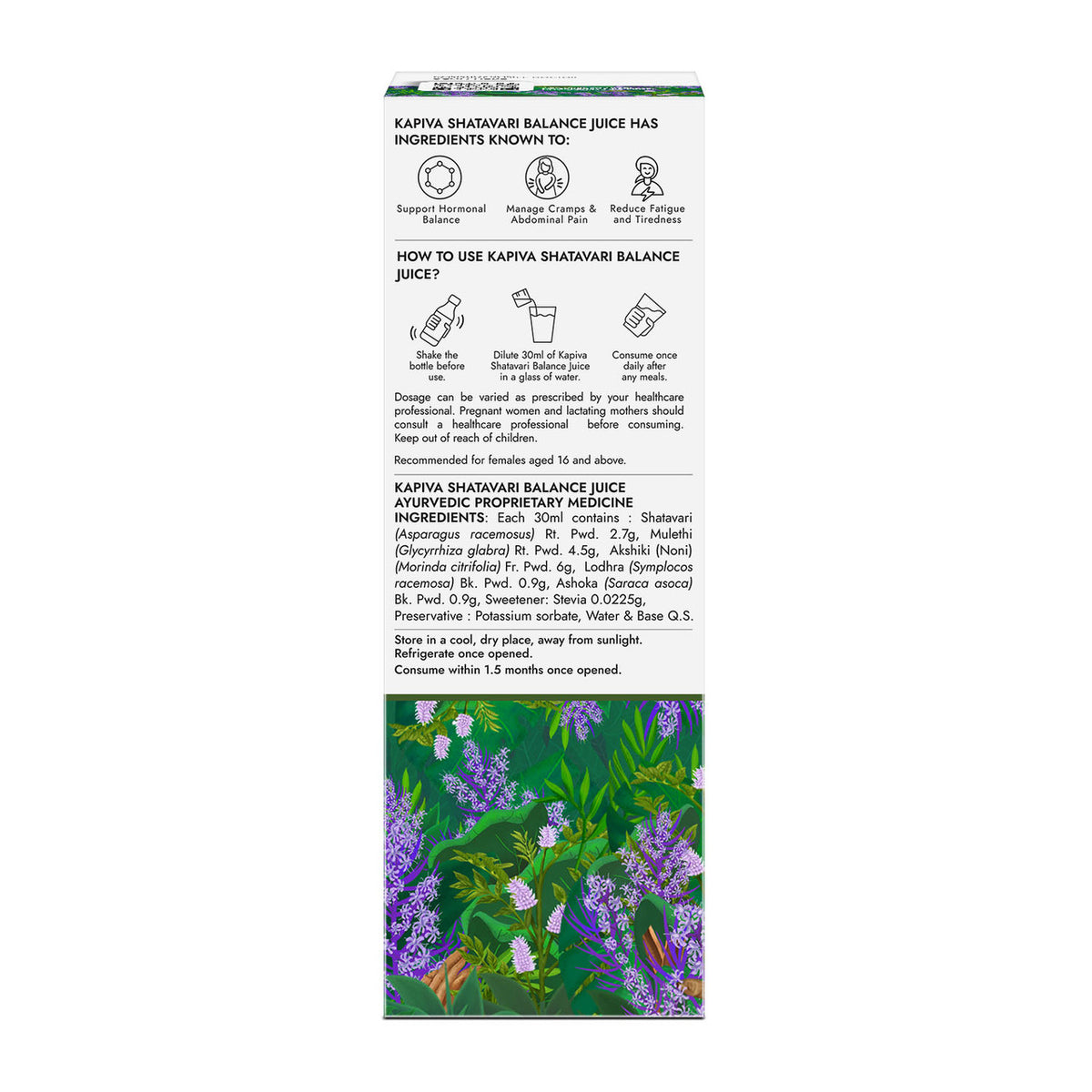 Kapiva Shatavari Balance Juice carton side with benefits, usage instructions, ingredients and dosage for females 16 plus